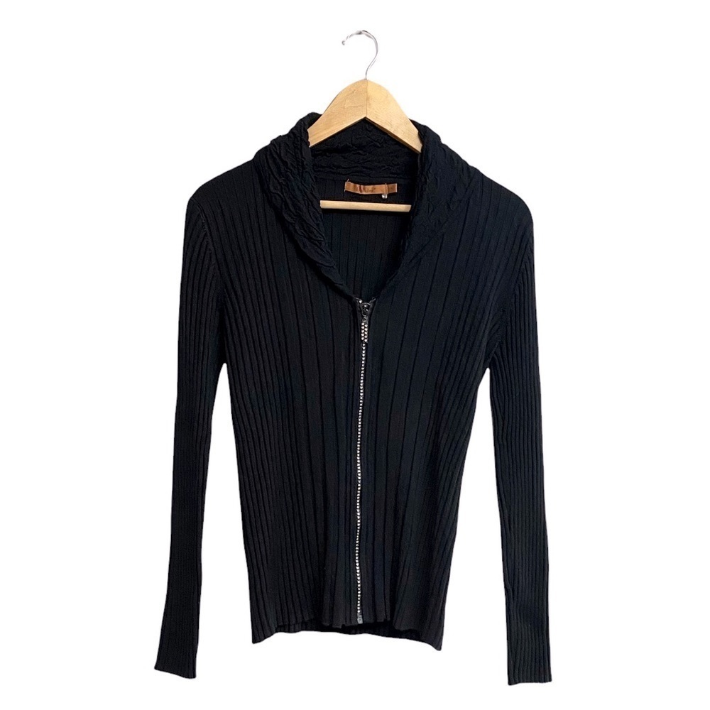 BELLDINI | Womens Black Front Zipper Ribbed Sweater Y2K 2000s Style Size XL Cute